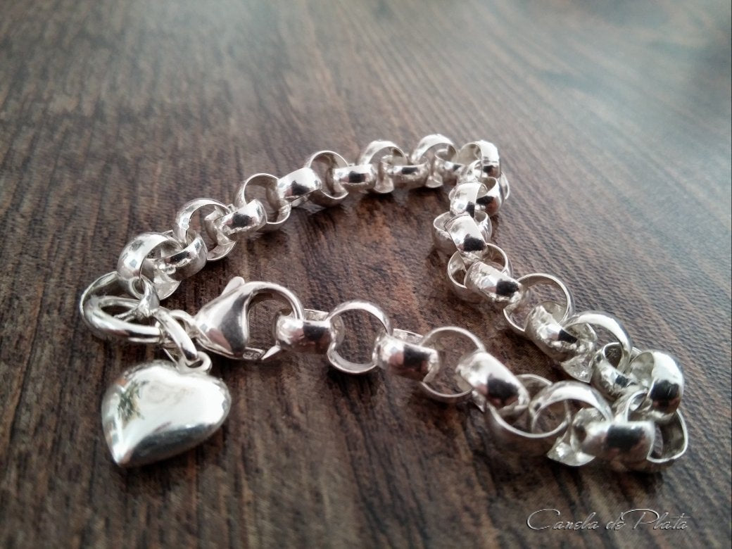 Pulsera plata 925 cadena rolo  6.6 mm con colgante corazón. Pulsera de plata cadena gruesa.