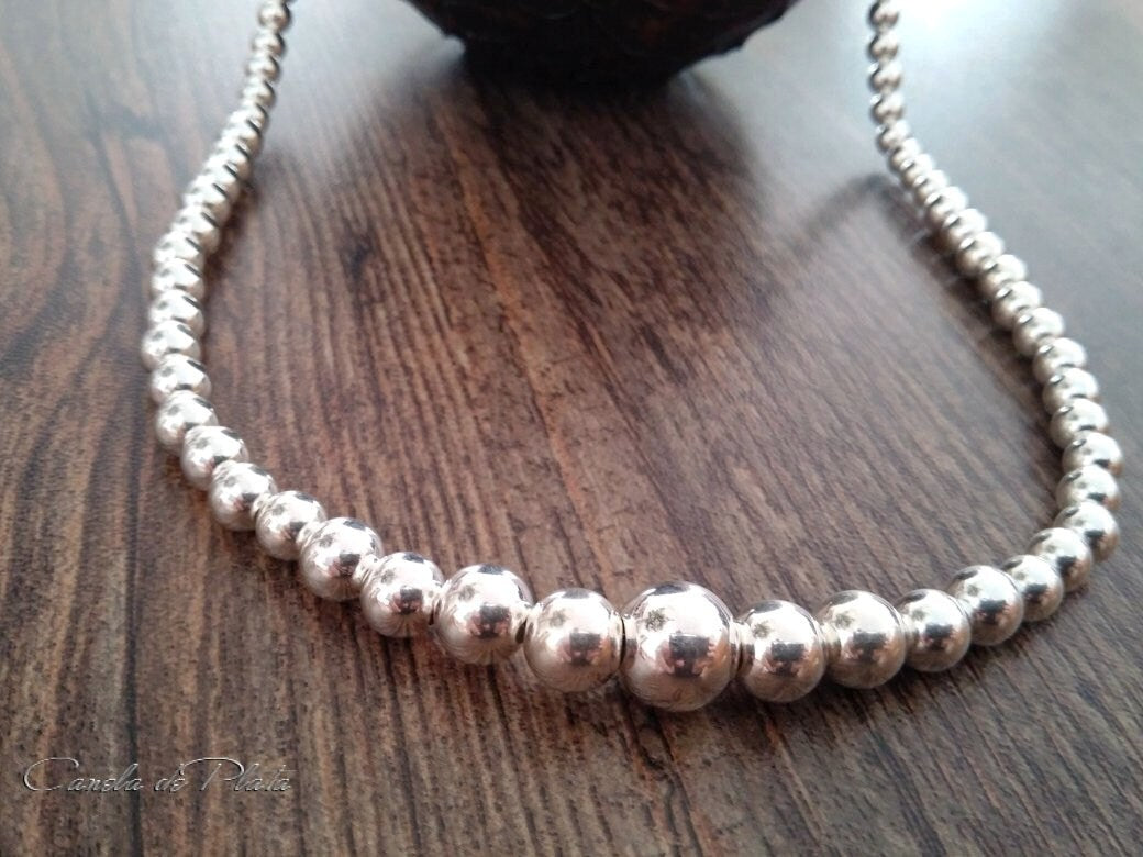 Collar de bolas de plata 925. Collar de abalorios de plata esterlina. Collar de bolas de plata graduadas de 10 a 4 mm.